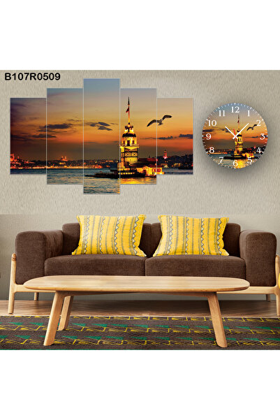 A2ZTR Parçalı Ahşap Duvar Tablo 5 Parça Set Ve saatli
