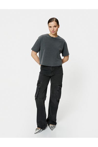 Koton Crop Tričko s krátkým rukávem Crew Neck Bled Effect Cotton
