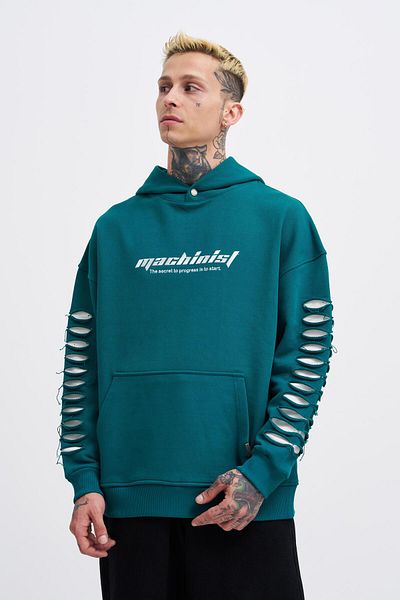 Machinist Ανδρικά μανίκια Ripped Effects Petrol Green Hoodie