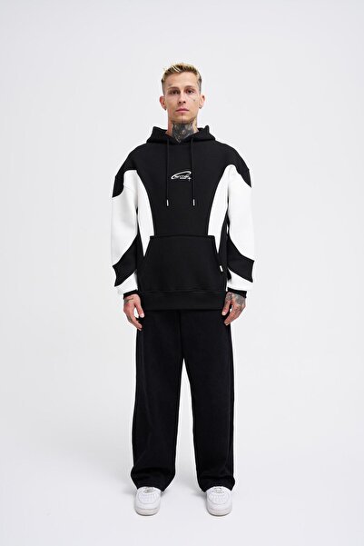 Machinist Men's Embroidered and Pieced Black Ecru Hoodie