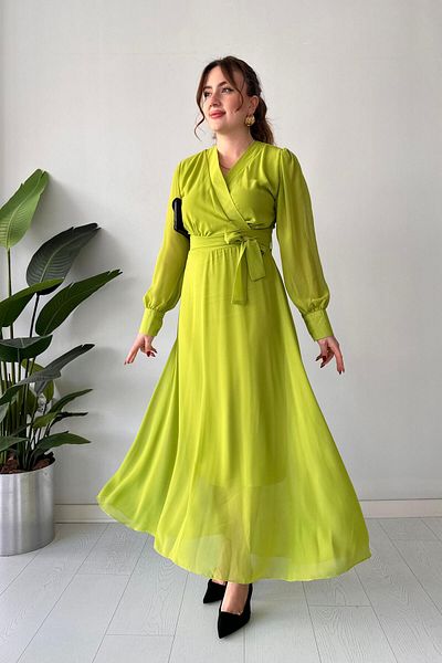 MaziButik Φόρεμα σιφόν διπλό πράσινο φιστίκι