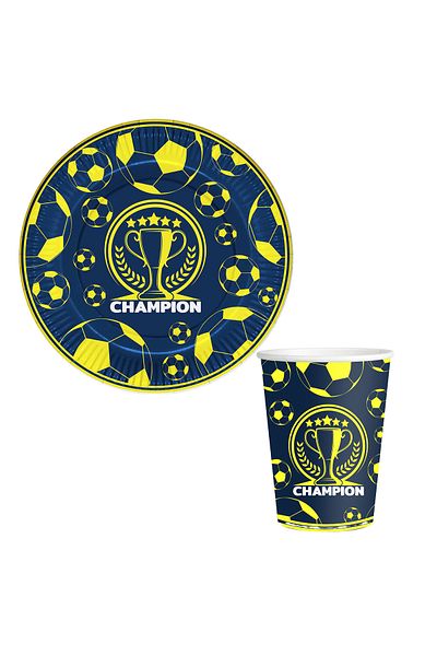 kidspartim Set of 8 Yellow Navy Blue Themed Cardboard Plates - Champion
