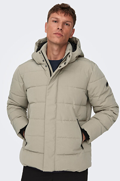 Only & Sons Men's Khaki Puffer Coat - Onscayson, Hood and Waterproof 22019598