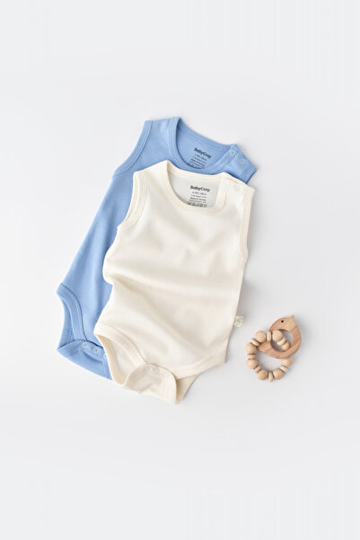Evelise Set of 2 unisex baby sleeveless bodysuits - 100% cotton - Ecru/Blue B...