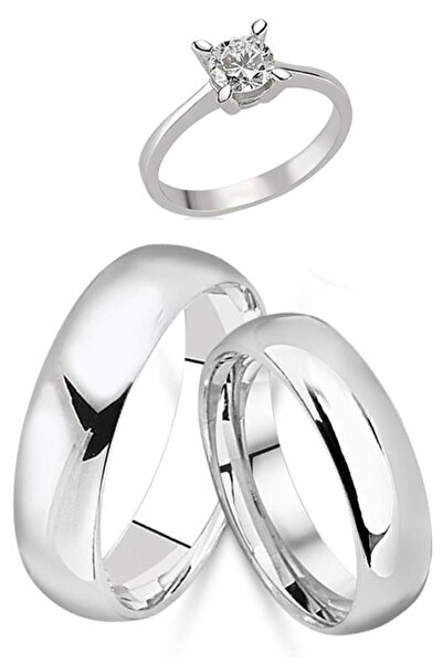 Takı Dükkanı Kişiye Özel İsim Yazılı 6mm Bombeli Gümüş Çift Alyans Söz Nişan Yüzüğü Ve Tektaş Yüzük Al30y