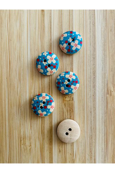 Kartopu Patterned Natural Wood Button 15 Mm. Pack of 5. Turquoise.
