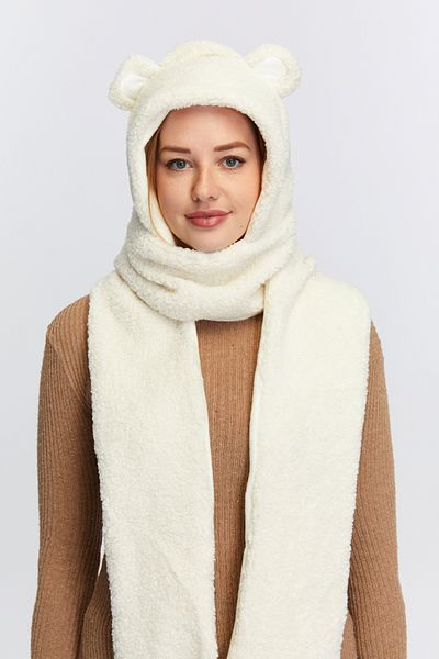 Aghilo White Eared Boucle Hooded Beanie / Scarf