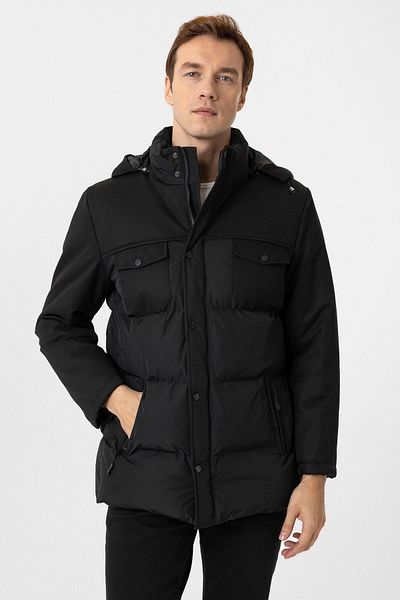 SÜVARİ Μαύρο πουπουλένιο παλτό με κουκούλα - Cavalry Slim Fit, καπιτονέ γέμιση