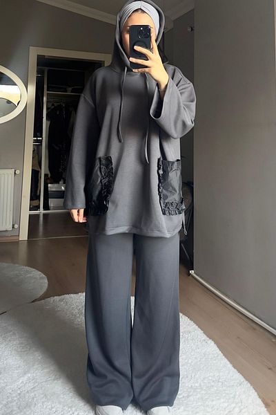 Qenz Anthracite Hoodie and Pocket Detail Suit Set