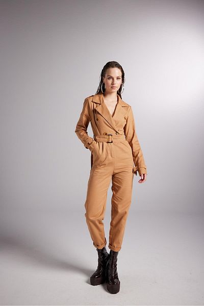 HOLLY LOLLY Padded Belt Detailed Gabardine Solano Jumpsuit Brown