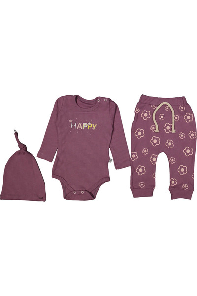 TİJK Baby Girl Happy Printed 3-Piece Set with Underwire and Hat