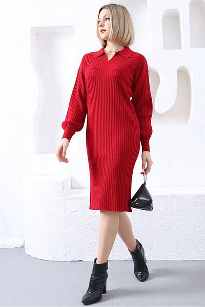 VEGENZE Rochie roșie pentru tricotaje lungi cu guler polo pentru femei