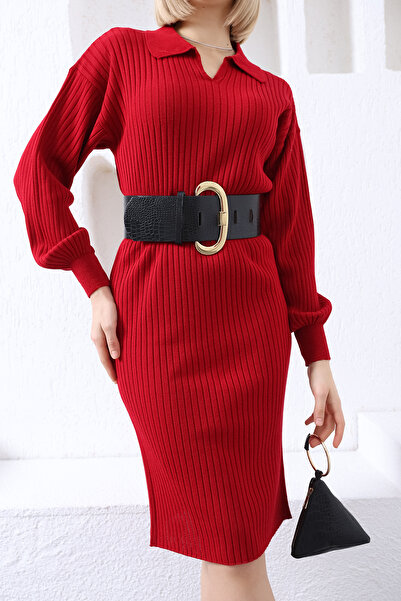 VEGENZE Women's Red Polo Collar Long Knitwear Dress