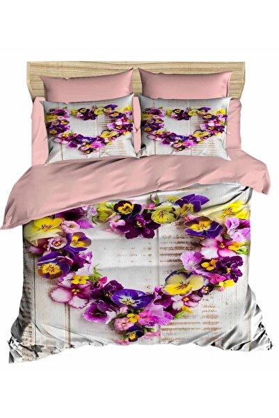 Fabeteks Hearted Flowers Violet 3D Double Duvet Cover Pillow Set
