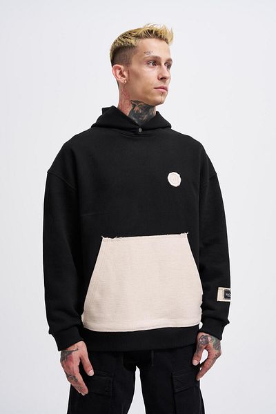 Machinist Mens Contrast Patchwork Black Hoodie