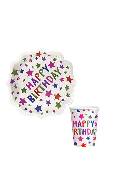 kidspartim Star Patterned Happy Birthday Themed Cardboard Plate Glass 8 Pcs