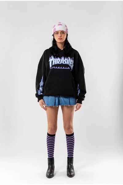 Sekizbiraltı Thrasher Flam Printed Oversize Unisex Black Hoodie