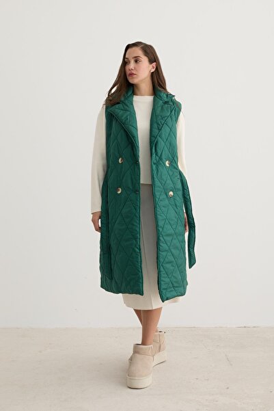 LEVURE Önü Düğmeli Beli Kuşak Detaylı Kapitone Yelek Koyu Yeşil