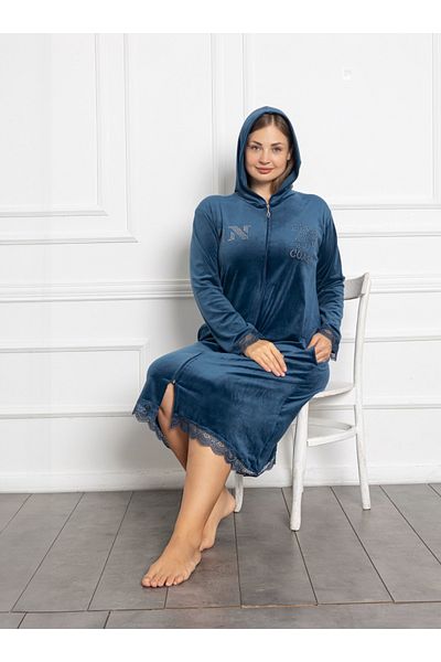Lady Lingerie Φόρεμα μεγάλου μεγέθους βελούδινο μπλε με κουκούλα με φερμουάρ μεσαίου μήκους