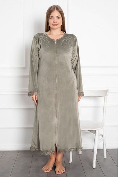 Lady Lingerie Plus Size Velvet Green Zipper Maxi Length Dress