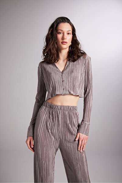 HOLLY LOLLY Crop Model Button Zapínání Pohodlné Crop Shirt Mink