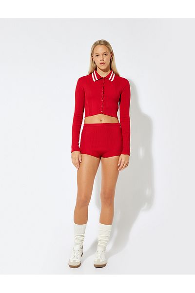 Koton Polo Collar Ribbed Buttoned Textured Slim Fit Cardigan