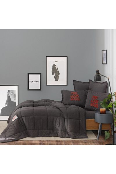 Karaca Home Motto Baumwolle Komfort einzel Anthrazit, Flickendecke Set, Flickendecke 160 cm x 220 cm