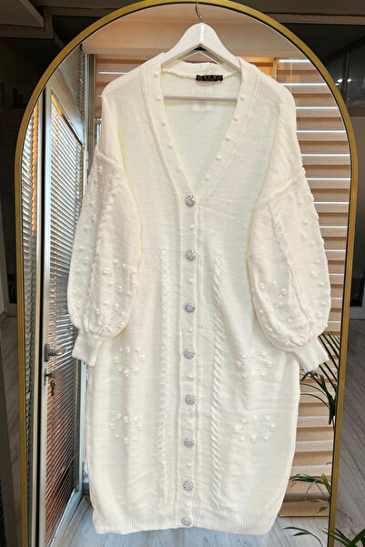 Bold Grup Жіночий білий стандартний розмір з вишивкою, намистинами та ґудзиками, трикотажний довгий кардиган