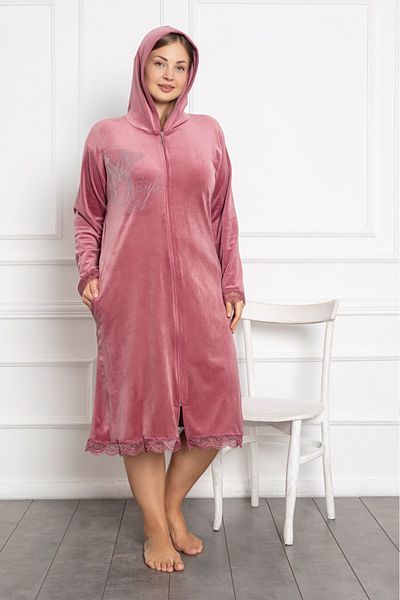 Lady Lingerie Φόρεμα μεγάλου μεγέθους βελούδινο ροζ με κουκούλα με φερμουάρ μεσαίου μήκους