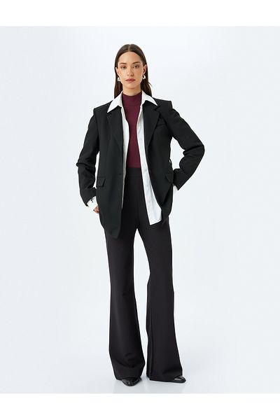 Koton Button Applique Detailed High Waist Extra Long Wide Leg Fabric Trousers