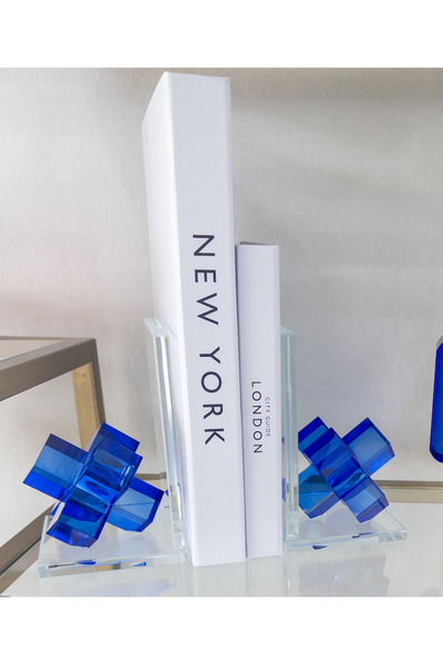 Erden Home Design MAVİ 2 Lİ KİTAP TUTUCU RENKLİ PLUS DEKORATİF CAM