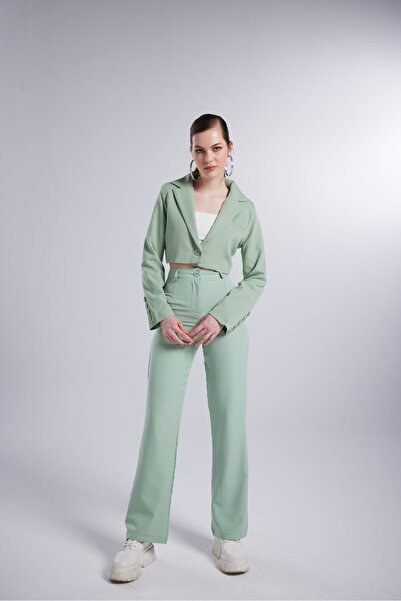 HOLLY LOLLY Vatkalı Crop Model Uzun Kol Blazer Panky Ceket Yeşil