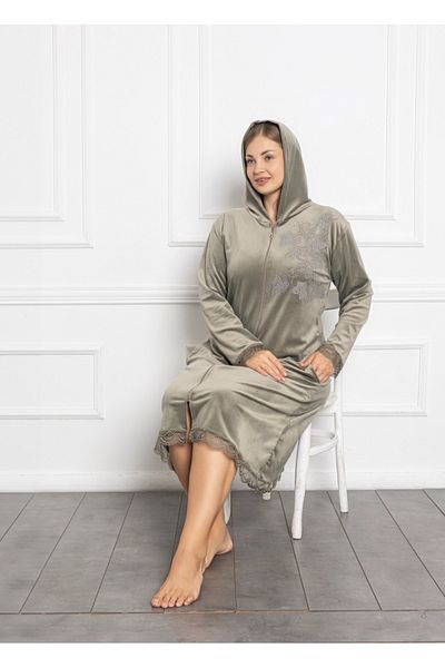 Lady Lingerie Φόρεμα μεγάλου μεγέθους βελούδινο πράσινο με κουκούλα με φερμουάρ μίντι