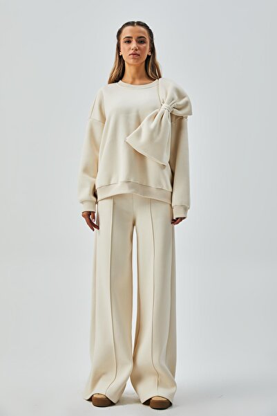 minaaise Γυναικείο φούτερ 28155 σε λευκό σχέδιο φιόγκου με 3 κλωστές