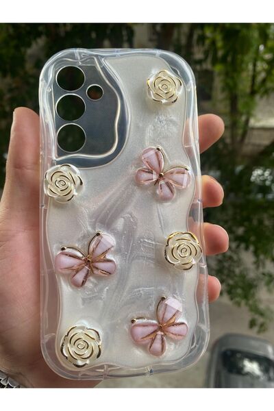 AQUA AKSESUAR Samsung Galaxy A05S Uyumlu Kılıf 5D Kabartmalı Kelebek Çiçek Desenli Kenarları Şeffaf Simli Kapak