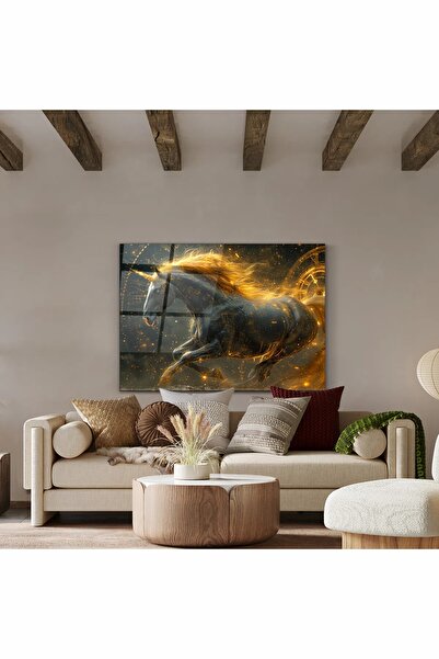 PoyKilArt Cam Tablo - Zamanın Altın Atı - Duvar dekorasyonu - Ofis dekorasyon...