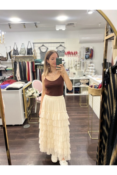 UTAB İthal Krem Tüllü Uzun Etek