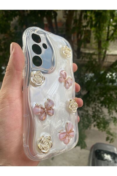 AQUA AKSESUAR Samsung Galaxy A05S Uyumlu Kılıf 5D Kabartmalı Kelebek Çiçek Desenli Kenarları Şeffaf Simli Kapak