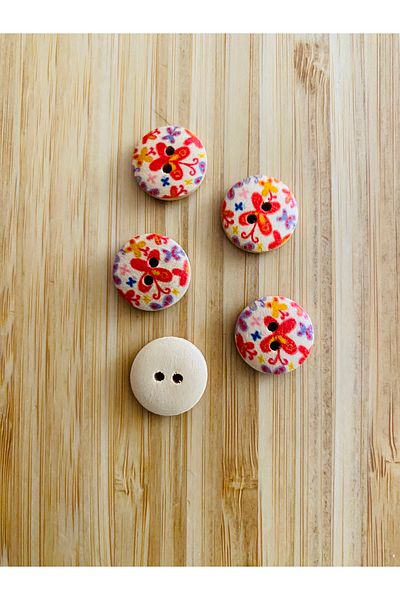 Kartopu Daisy Pattern Painting Natural Wood Button 15 Mm. Pack of 5. Daisy.