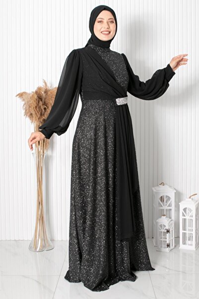 SUBU TASARIM Μαύρο βραδινό φόρεμα Σειραζάτα - Μοντέλο TBS884