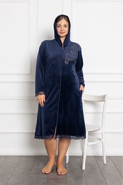 Lady Lingerie Φόρεμα μεγάλου μεγέθους Velvet Navy Blue με κουκούλα με φερμουάρ μεσαίου μήκους