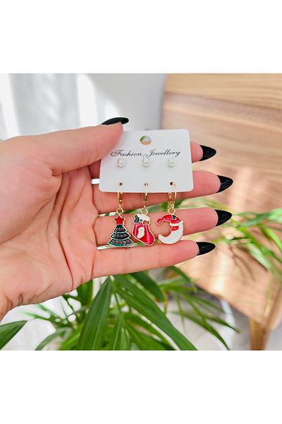 RM Bijuteri 3 Pieces Christmas Christmas Earrings with Gold Enamel