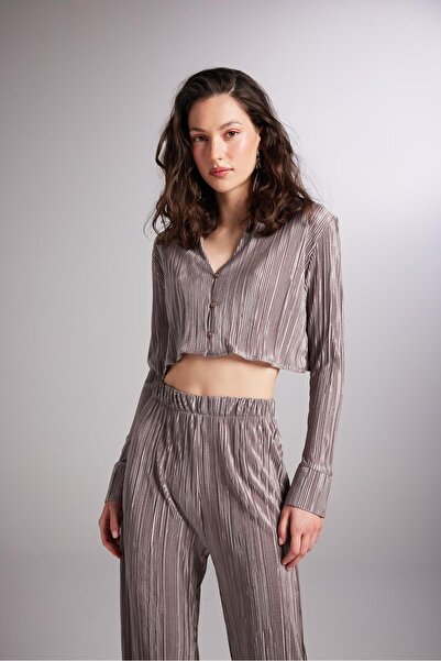 HOLLY LOLLY Crop Model Button Zapínání Pohodlné Crop Shirt Mink