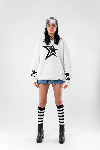 Sekizbiraltı 816 Stars Printed Unisex White Oversize Hoodie