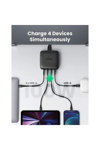 Ugreen 100W GaN 3-Port USB-C + 1-Port USB-A Desktop PD 3.0 Fast Charger | Black | 100W Max Output |