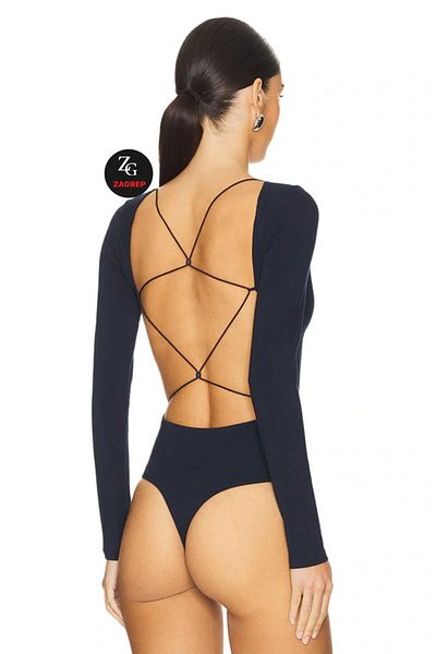 Zagrep Women's Navy Blue Back Low-Cut Spaghetti Strap Snap Fastener Silk Jersey Bodysuit