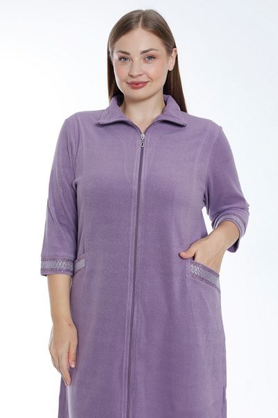 İntensive Purple Three Quarter Sleeve Stone Detailed Pocket Cotton Terry Women's Plus Size Dress