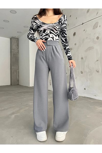 Fav Style Women's High Waist Pleated Palazzo Trousers Gray