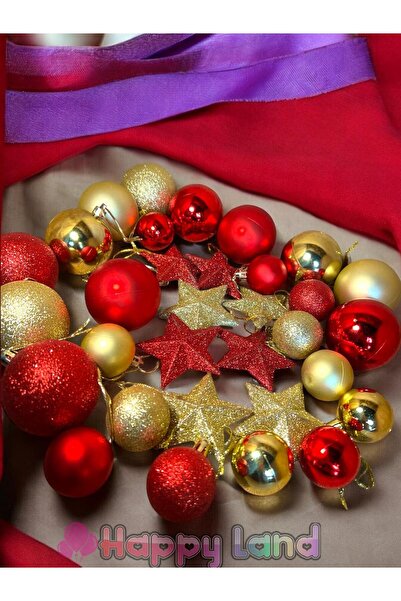 Happyland Yılbaşı Seti Kırmızı&Gold Yıldızlı Set 32 (12adet6cm ,12adet4cm GoldKırmızıTop& 8Yıldız )