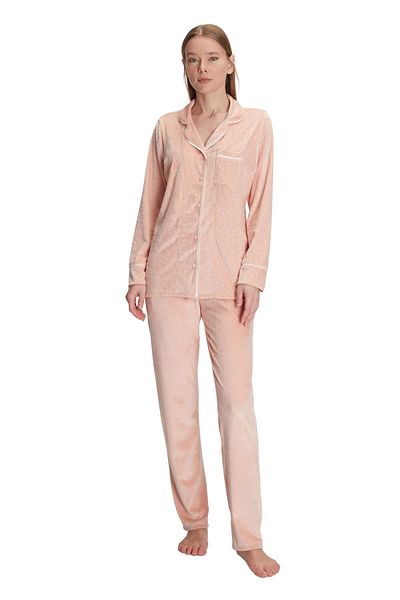 Anıl Women's Long Sleeve Peach Length Buttoned Velvet Pajamas Set 11247